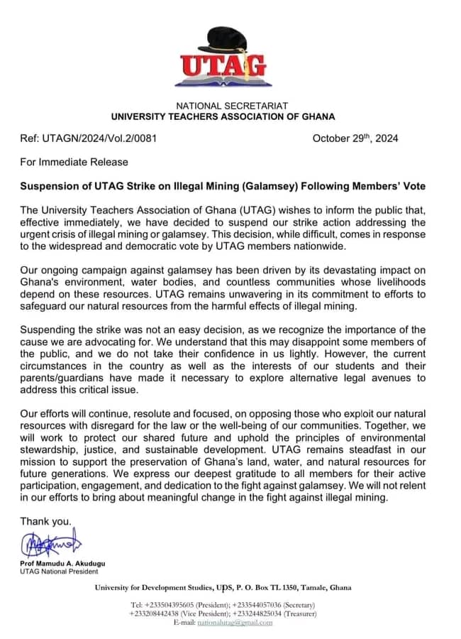 UTAG suspends strike against ‘galamsey’ with immediate effect