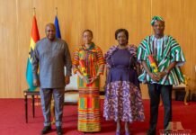 President Mahama gives scrolls of office to Mahama Ayariga and Zanetor Agyeman-Rawlings